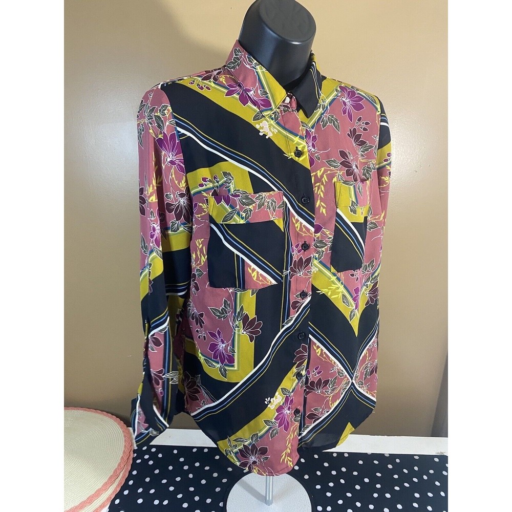 Multicolor Floral/striped Button Up Top With Pockets/button Sleeves Size XS - Picture 12 of 16